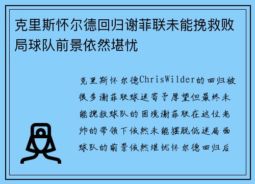 克里斯怀尔德回归谢菲联未能挽救败局球队前景依然堪忧
